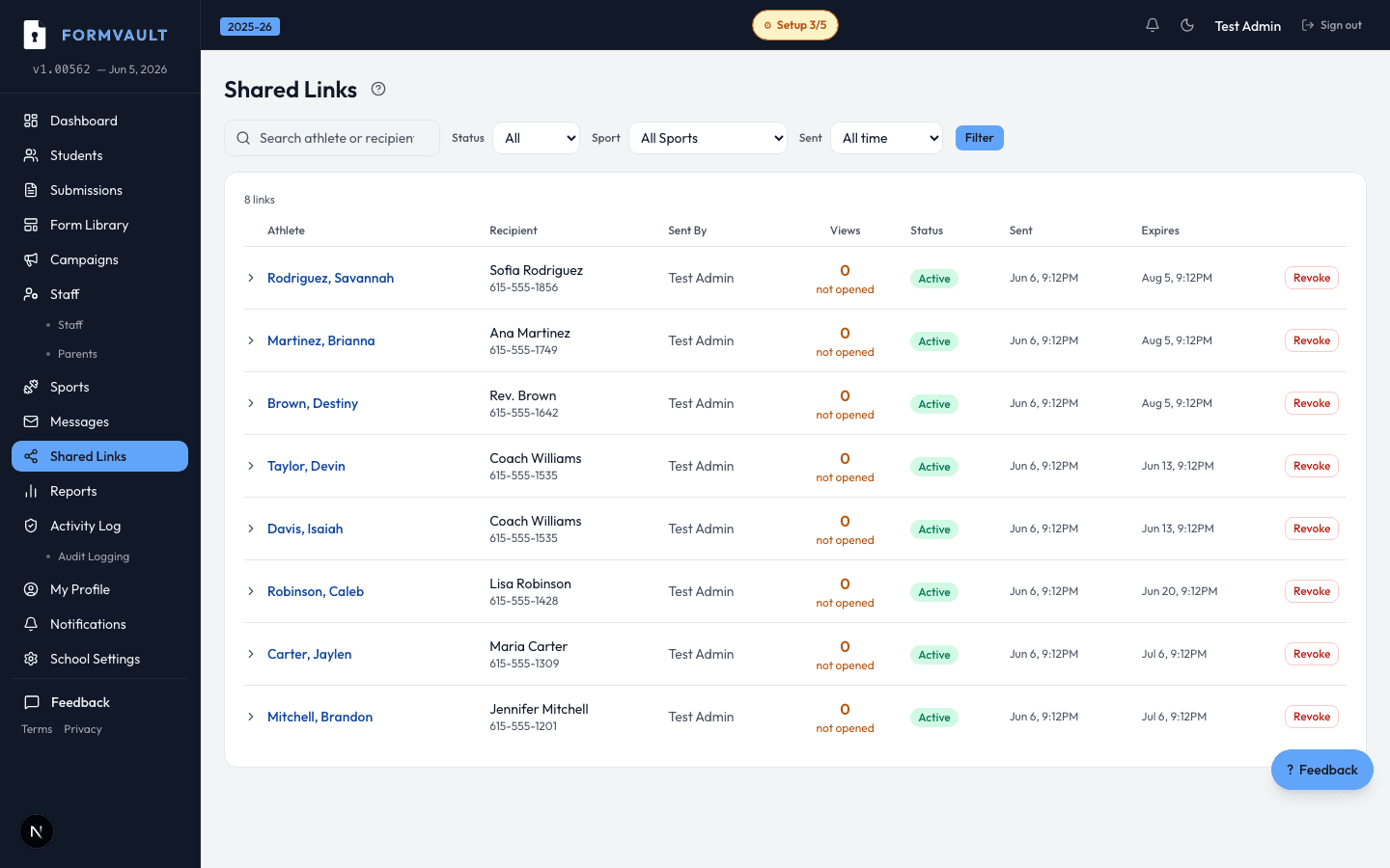 Emergency Access Links — FormVault admin interface screenshot