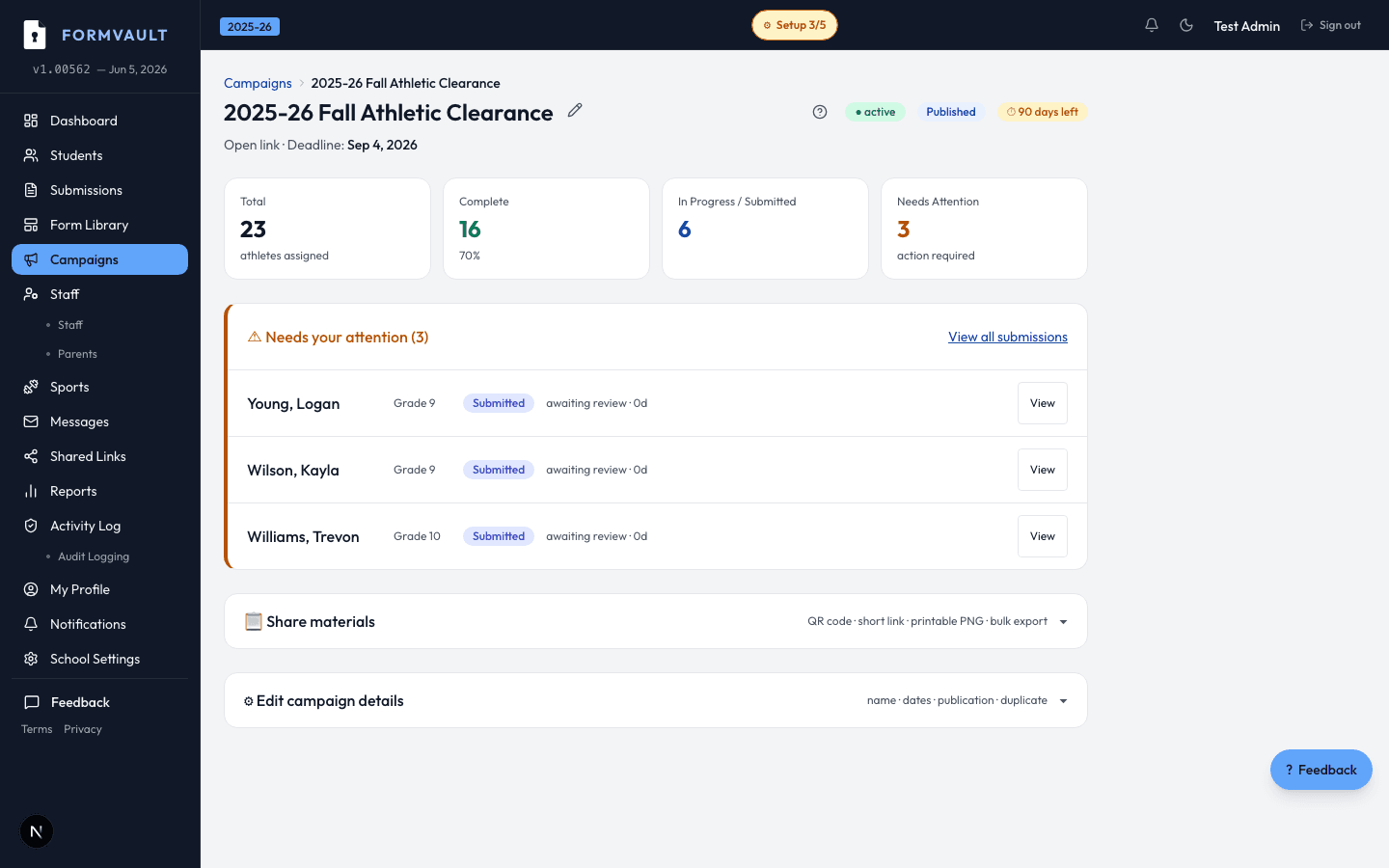 QR Code Campaigns — FormVault admin interface screenshot